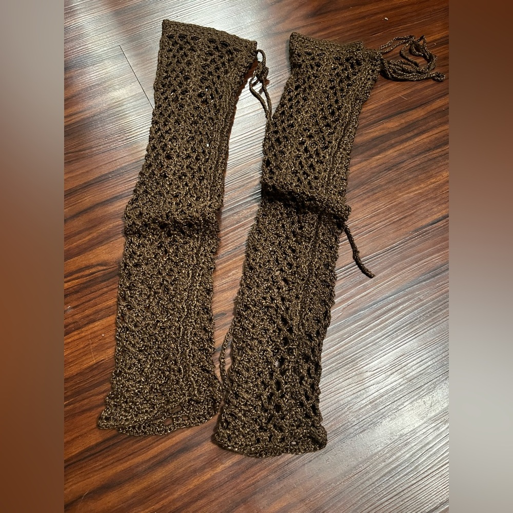 Brown thigh high crochet lace up back leg warmers